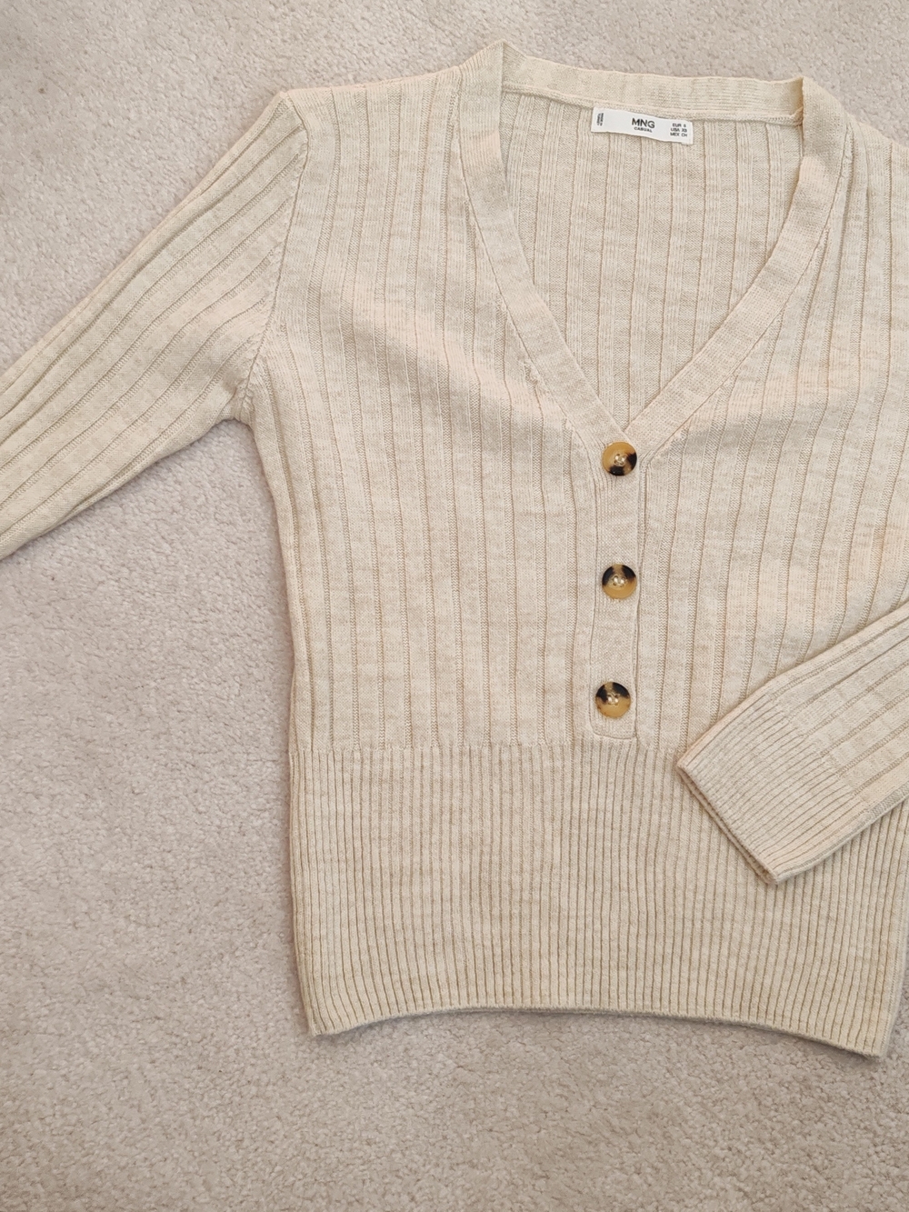 Mango Beige Ribbed V-Neck Button Sweater Size XS